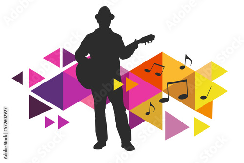 Music graphic with guitar player.