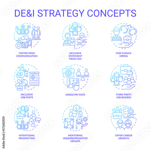 DEI strategy in workplace blue gradient concept icons set. Support diversity, equity and inclusion idea thin line color illustrations. Isolated symbols. Roboto-Medium, Myriad Pro-Bold fonts used © bsd studio