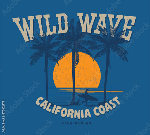 Palm tree island print design for t shirt print, poster, sticker, background and other uses. Beach vibes with surfing board vintage print design.