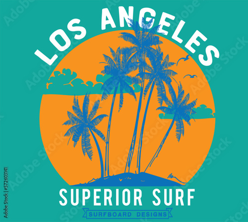 Palm tree island print design for t shirt print, poster, sticker, background and other uses. Beach vibes with surfing board vintage print design.