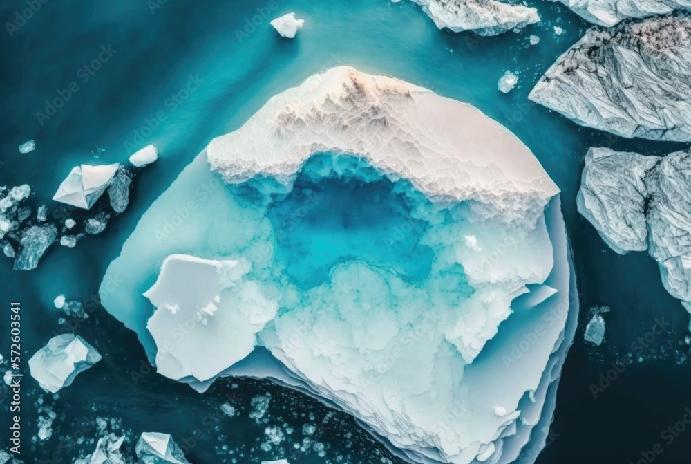 Obraz premium Illustration of the polar landscape of Antarctica icebergs. Bird's eye view landscape. Top view from drone.