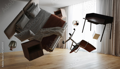 Concept of boom explosion and chaos in the bedroom with flying objects and furniture during sunny day with bed, table, laptop