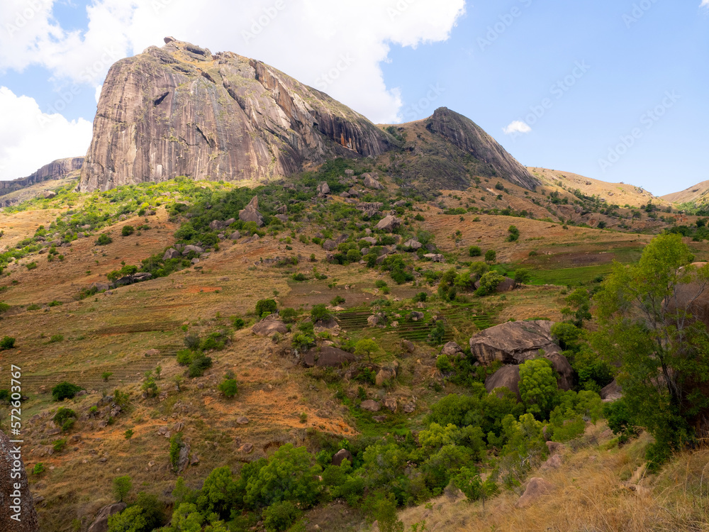 Challenging trek in the mountains, full of rocks. Andringitra National Park. Madagascar.