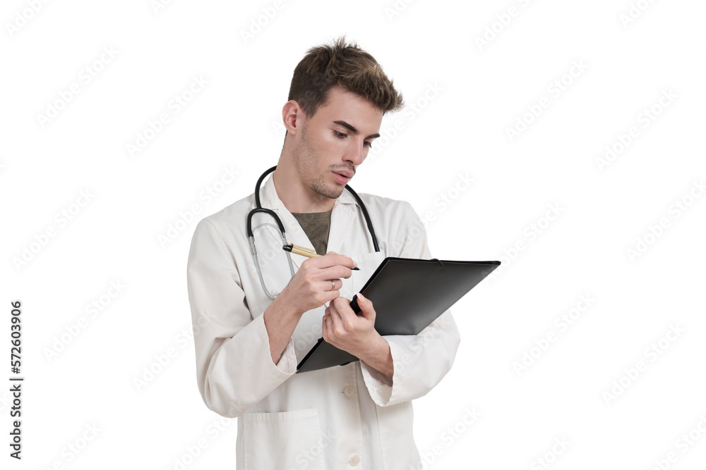Young caucasian male doctor writing a medical report, isolated over white background.