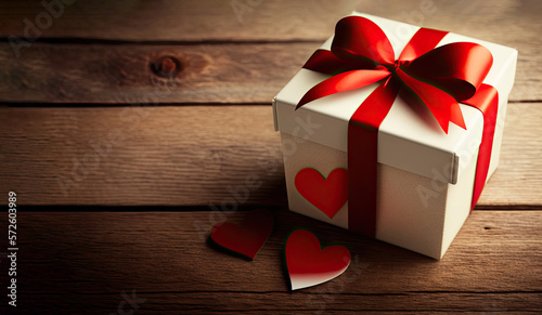 White present box with red ribbon and hearts on wooden background. Valentine's Day or wedding day , or mother´s day, romantic background presentation or promotion banner, posters. Generative AI