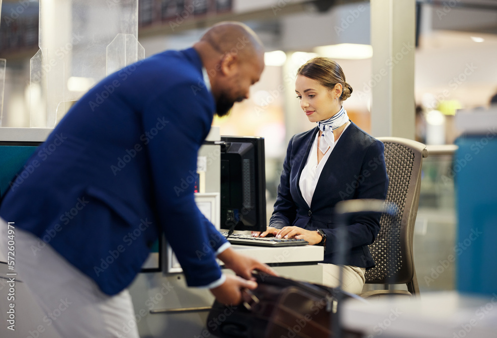 Travel, check in and airport with people at desk for registration, ticket and passport paperwork. Security, booking and identity with passenger and service agent for documents, airline and safety Travel, check in and airport with people at desk for registration, ticket and passport paperwork. Security, booking and identity with passenger and service agent for documents, airline and safety