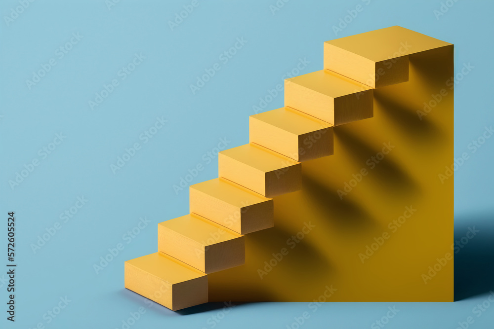 Bright yellow steps made of wooden cubes in the form of stairs on a blue background . The concept of growth and development and career advancement Bright yellow steps made of wooden cubes in the form of stairs on a blue background . The concept of growth and development and career advancement