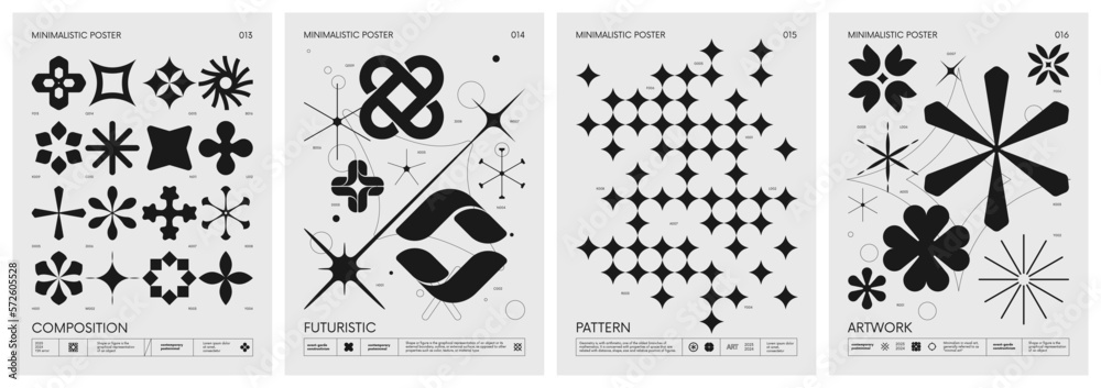 Retro futuristic vector minimalistic Posters with silhouette basic figures, extraordinary graphic elements of geometrical shapes composition, Modern monochrome print brutalism, set 4 - obrazy, fototapety, plakaty 
