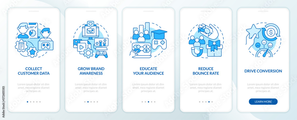 Digital marketing gamification pros blue onboarding mobile app screen. Walkthrough 5 steps editable graphic instructions with linear concepts. UI, UX, GUI template. Myriad Pro-Bold, Regular fonts used