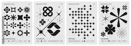 Retro futuristic vector minimalistic Posters with silhouette basic figures, extraordinary graphic elements of geometrical shapes composition, Modern monochrome print brutalism, set 4