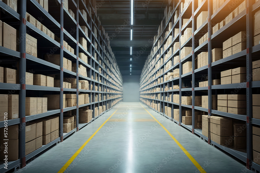 Interior of a modern warehouse with shelves and products and goods