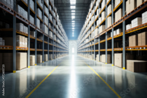 Blurred Interior of a modern warehouse with shelves and products and goods