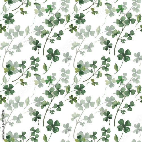 Watercolor seamless elegant botanical pattern with clover branches.