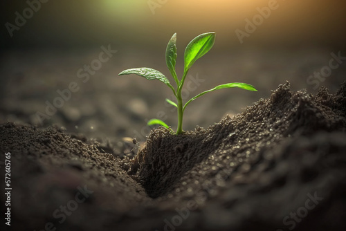 Small green sprout in the ground against the backdrop of sunset. Growth and development concept