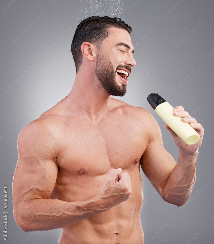 Water, shower and man singing with shampoo bottle in hand, skincare and