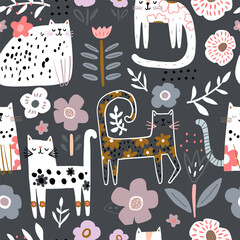 Wandcirkels Kinderkamer patronen Speelse katjes met bloemen kinderpatroon  © solodkayamari