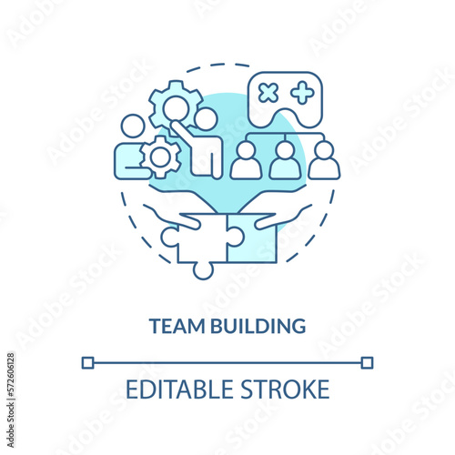 Team building turquoise concept icon. Collaboration. Gamification in workplace abstract idea thin line illustration. Isolated outline drawing. Editable stroke. Arial, Myriad Pro-Bold fonts used