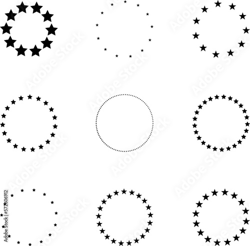 Stars of various sizes arranged in a circle. Black star shape, round frame, border vector image