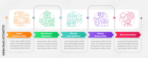 Digital marketing gamification pros rectangle infographic template. Data visualization with 5 steps. Editable timeline info chart. Workflow layout with line icons. Myriad Pro-Bold, Regular fonts used