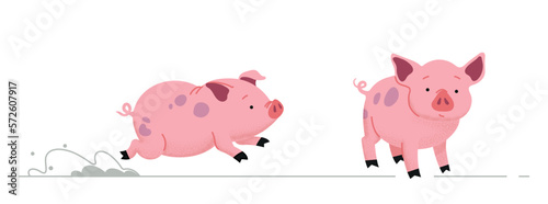 Illustration of two cute pigs. Healthy, free-range piglets living on a farm. Cute illustrations for children's books.