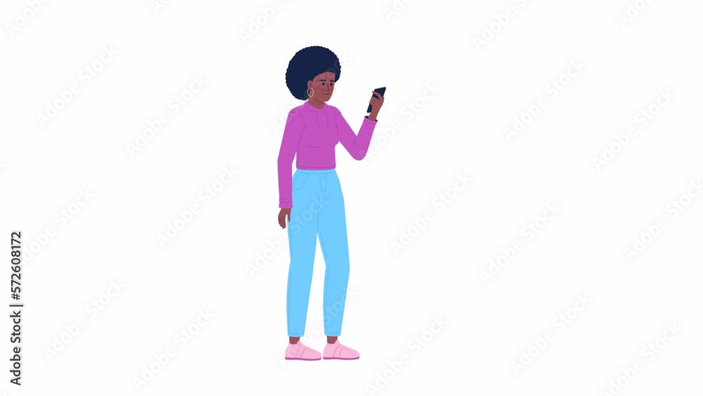 Animated woman checking phone. Scrolling smartphone constantly. Nomophobia. Flat character animation on white background with alpha channel transparency. Color cartoon style 4K video footage Animated woman checking phone. Scrolling smartphone constantly. Nomophobia. Flat character animation on white background with alpha channel transparency. Color cartoon style 4K video footage
