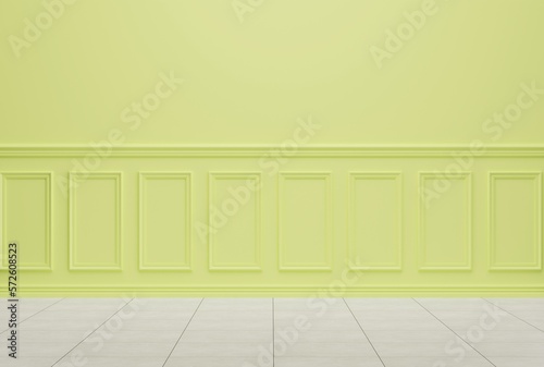 Green decorative wall, room interior. Product placement concept, beautiful empty wall with decorative pattern, panel. 3D render; 3D illustration.