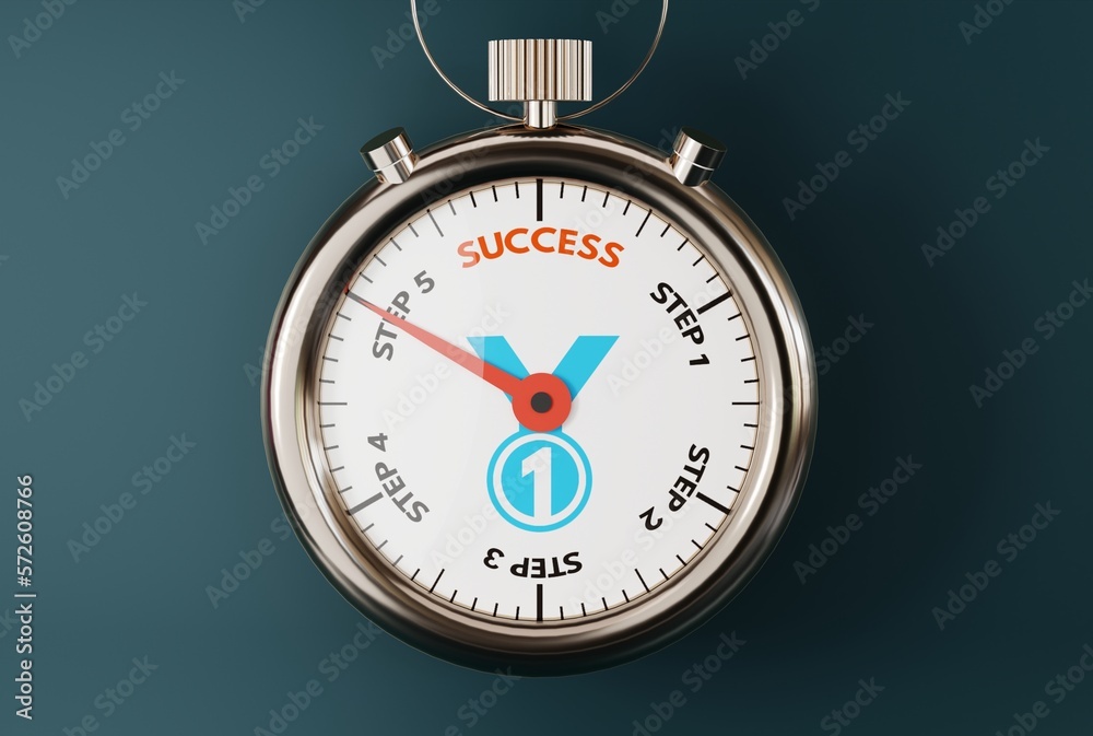 Stopwatch with the end of the time with the inscription Success. The concept of achieving success, fighting and striving to achieve success in life. 3D render, 3D illustration. Stopwatch with the end of the time with the inscription Success. The concept of achieving success, fighting and striving to achieve success in life. 3D render, 3D illustration.