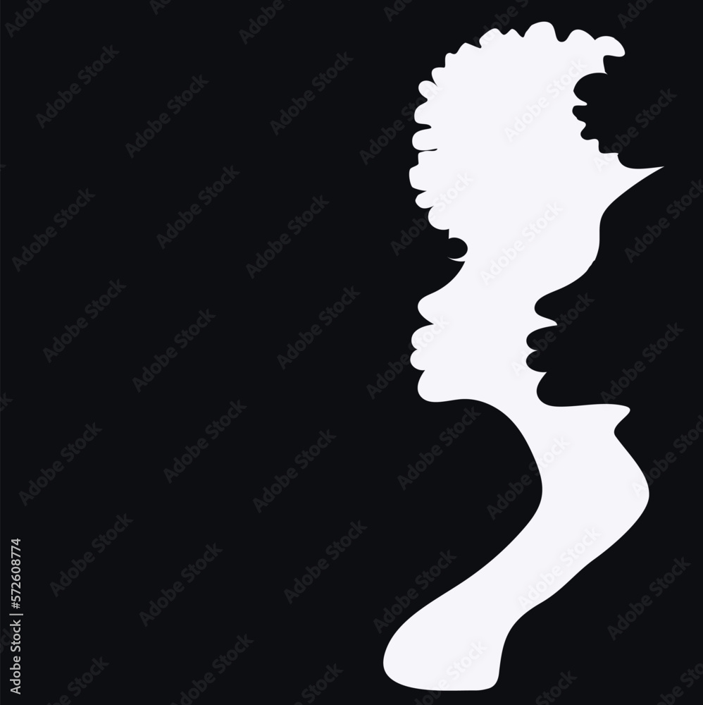 African man and woman silhouettes black and white. Man and woman. Profile. Symbols, ethnicity. Logo. business card. Poster, advertising. Digital graphic illustration. Sample