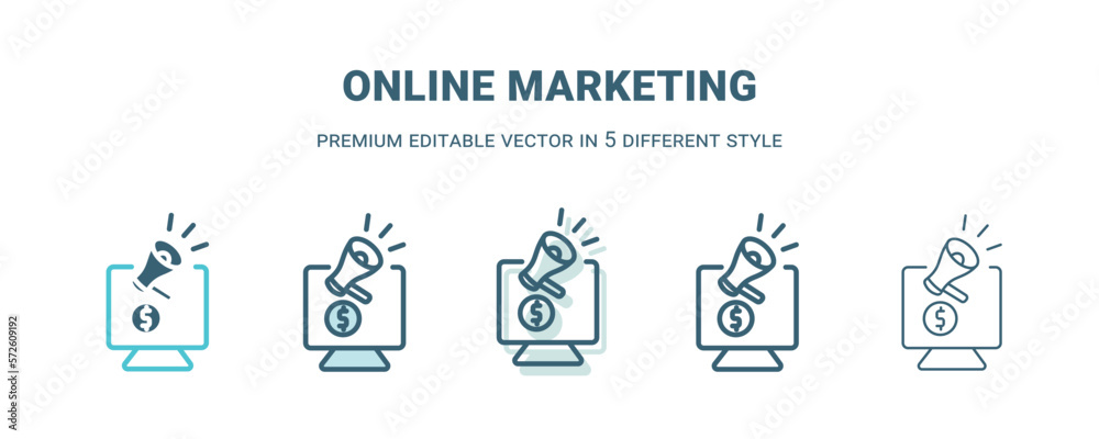 online marketing icon in 5 different style. Outline, filled, two color, thin online marketing icon isolated on white background. Editable vector can be used web and mobile online marketing icon in 5 different style. Outline, filled, two color, thin online marketing icon isolated on white background. Editable vector can be used web and mobile