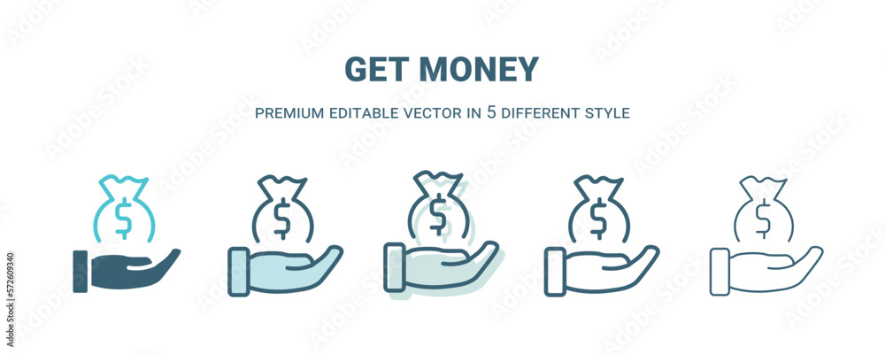 get money icon in 5 different style. Outline, filled, two color, thin get money icon isolated on white background. Editable vector can be used web and mobile