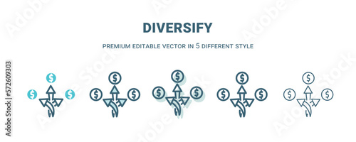 diversify icon in 5 different style. Outline, filled, two color, thin diversify icon isolated on white background. Editable vector can be used web and mobile photo
