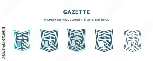 gazette icon in 5 different style. Outline, filled, two color, thin gazette icon isolated on white background. Editable vector can be used web and mobile