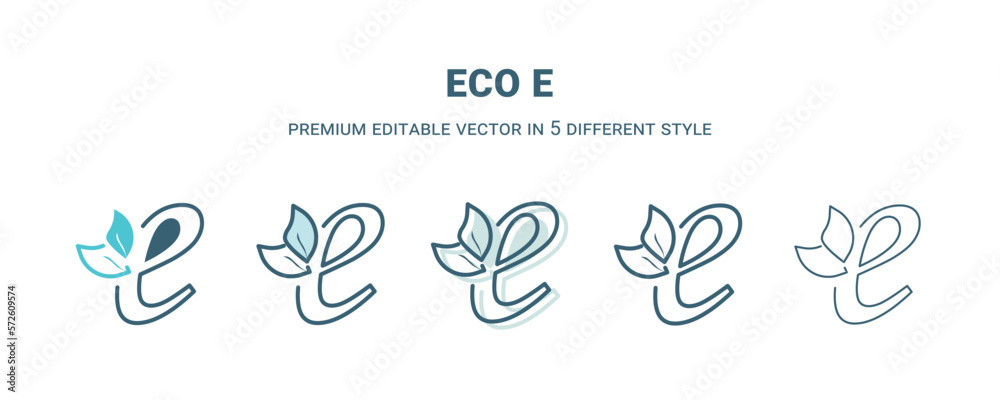 eco e icon in 5 different style. Outline, filled, two color, thin eco e icon isolated on white background. Editable vector can be used web and mobile
