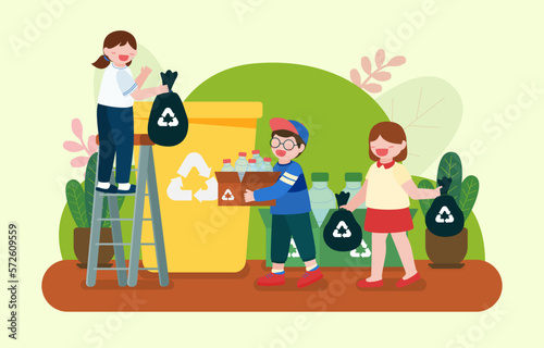 Children sorting out plastic bottle to recycle bin cartoon vector