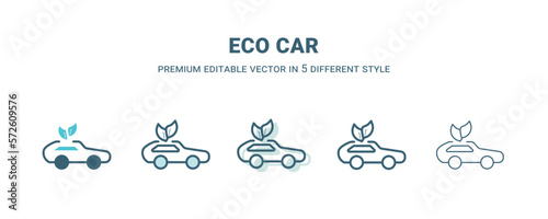 eco car icon in 5 different style. Outline, filled, two color, thin eco car icon isolated on white background. Editable vector can be used web and mobile © Abstract