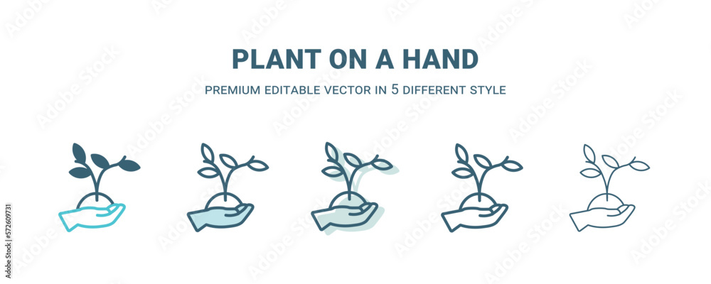 plant on a hand icon in 5 different style. Outline, filled, two color, thin plant on a hand icon isolated on white background. Editable vector can be used web and mobile