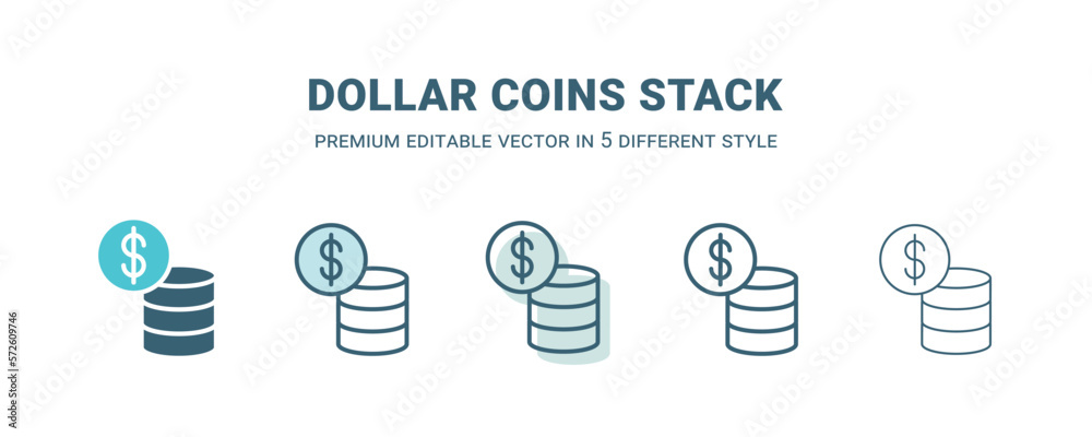 dollar coins stack icon in 5 different style. Outline, filled, two color, thin dollar coins stack icon isolated on white background. Editable vector can be used web and mobile dollar coins stack icon in 5 different style. Outline, filled, two color, thin dollar coins stack icon isolated on white background. Editable vector can be used web and mobile
