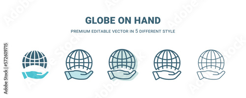 globe on hand icon in 5 different style. Outline, filled, two color, thin globe on hand icon isolated on white background. Editable vector can be used web and mobile