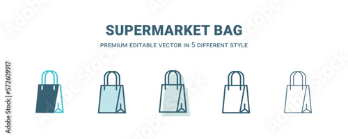 supermarket bag icon in 5 different style. Outline  filled  two color  thin supermarket bag icon isolated on white background. Editable vector can be used web and mobile