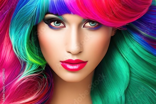 Woman portrait with colorful rainbow multicolor hair. Ai Generative 