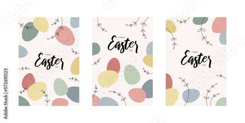 Easter egg greeting card collection. Vector modern flat illustration set. Vertical banner template. Pastel colorful eggs. Design for happy easter day holiday, poster layout.