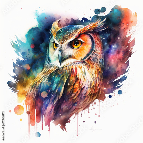 A beautiful and surrealistic watercolor illustration of a superb owl. Generative AI.