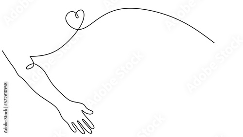 One continuous single line drawing of hand and love isolated on white background minimalism design.