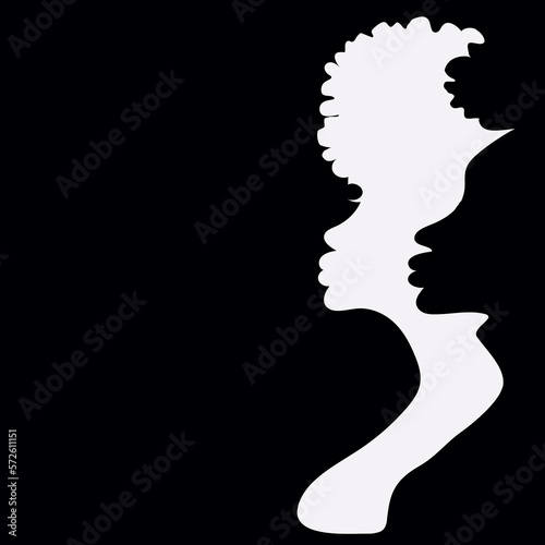 African man and woman silhouettes black and white. Man and woman. Profile. Symbols, ethnicity. Logo. business card. Poster, advertising. Digital illustration. Sample 