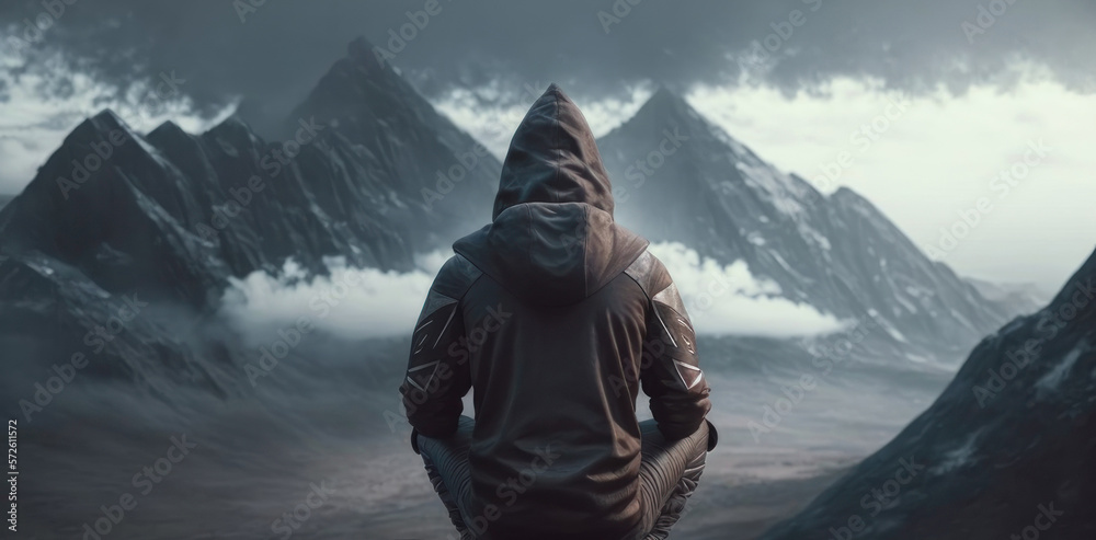 A man sits with his back in the misty mountains. AI generative. A man sits with his back in the misty mountains. AI generative.