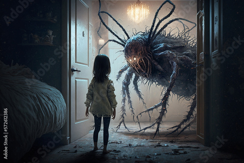 a child's nightmare, a huge tick attacks a little frightened girl, created by a neural network, Generative AI technology photo