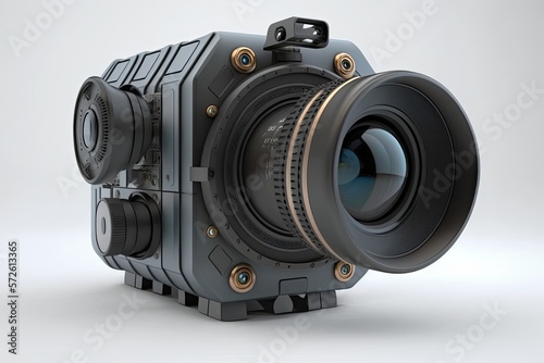 Close-up, black movie camera with a lens. Generative ai.