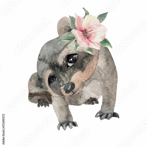 Watercolor animals with bouquet of flowers isolated on white background