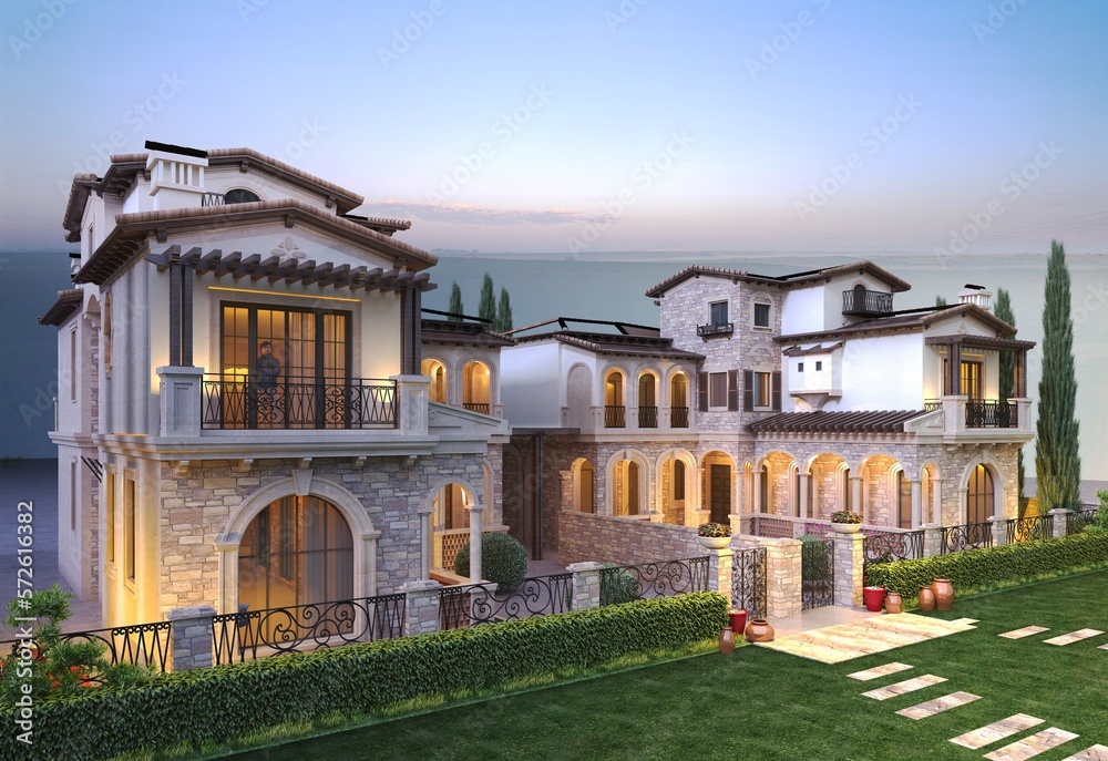 3d render of luxury villa house exterior at sunset