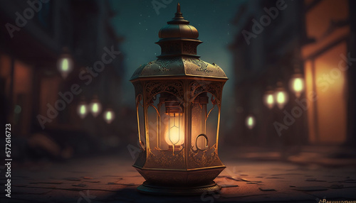 Ramadan with lantern and mosque in background, Generative ai
